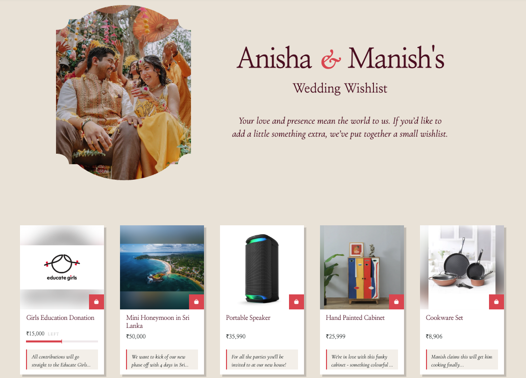 Example Hazlnut wedding wishlist for Anisha and Manish with a donation fund, honeymoon fund, speaker, cabinet and cookware gifts